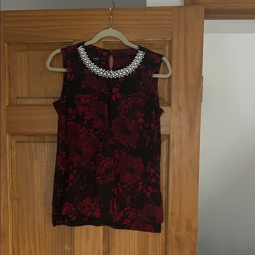 Alfani Black and Red Floral Top with Pearl Embellishments
